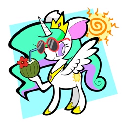 Size: 800x800 | Tagged: safe, artist:okojogairu, derpibooru import, princess celestia, alicorn, pony, abstract background, coconut, coconut cup, drink, drinking straw, food, horn, jewelry, looking at you, raised hoof, raised leg, regalia, simple background, spread wings, sun, sunglass, white background, wings