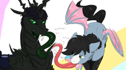 Size: 2288x1273 | Tagged: safe, artist:testostepone, derpibooru import, oc, oc:starskipper, oc:t'zzet, bat pony, changeling, pony, colored sketch, female, long tongue, mare, tongue, tongue out