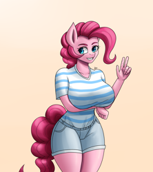 Size: 1600x1800 | Tagged: safe, artist:zachc, derpibooru import, pinkie pie, anthro, earth pony, arm under breasts, big breasts, breasts, clothes, denim, denim shorts, female, grin, huge breasts, peace sign, pinkie pies, shorts, smiling, solo