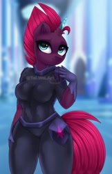 Size: 1294x2000 | Tagged: safe, artist:taiweiart, derpibooru import, tempest shadow, anthro, unicorn, amputee, bodysuit, breasts, female, gloves, horn, mare, prosthetic horn, prosthetics, smiling, solo, tempest gets her horn back, tempest pillows, watermark