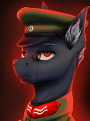 Size: 1250x1683 | Tagged: safe, derpibooru import, earth pony, pony, equestria at war mod, backlighting, bust, cap, clothes, hat, male, military, portrait, red eyes, simple background, solo, stallion, uniform