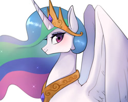 Size: 2000x1600 | Tagged: safe, artist:hosikawa, derpibooru import, princess celestia, alicorn, pony, bust, crown, female, horn, jewelry, looking at you, looking sideways, mare, partially open wings, profile, regalia, side view, simple background, smiling, smiling at you, solo, white background, wings
