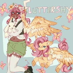Size: 2048x2048 | Tagged: safe, artist:izzypaw, derpibooru import, fluttershy, butterfly, human, pegasus, pony, rabbit, alternate hairstyle, animal, belly button, blushing, boots, clothes, coat markings, cute, dark skin, duo, feather, female, floral head wreath, flower, grin, human ponidox, humanized, mare, midriff, nose piercing, nose ring, piercing, plushie, self paradox, self ponidox, shirt, shoes, shorts, shyabetes, smiling, unshorn fetlocks, vest, wing ears, winged humanization, wings