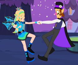 Size: 1172x978 | Tagged: safe, artist:csillaghullo, artist:katnekobase, artist:user15432, derpibooru import, human, undead, vampire, equestria girls, barely eqg related, base used, blue dress, blue wings, boots, cape, clothes, costume, crossover, crown, cute, cute little fangs, dancing, dress, ear piercing, earring, equestria girls style, equestria girls-ified, fairy, fairy wings, fairyized, fangs, gloves, halloween, halloween costume, hallowinx, high heel boots, high heels, jewelry, looking at each other, looking at someone, mario kart, mario kart tour, nightmare night, piercing, princess rosalina, regalia, rosalina, shoes, sparkly wings, super mario bros., vampire costume, waluigi, waluigi's hat, wings, winx, winx club, winxified