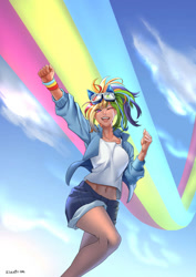 Size: 905x1280 | Tagged: safe, artist:sleepy.cat, derpibooru import, rainbow dash, human, clothes, female, feminism, fist, humanized, kotobukiya, kotobukiya rainbow dash, raised arm, shorts, solo, tanktop