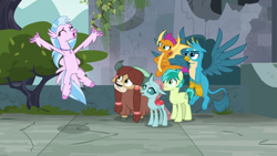 Size: 1279x720 | Tagged: safe, derpibooru import, screencap, gallus, ocellus, sandbar, silverstream, smolder, yona, changedling, changeling, classical hippogriff, dragon, earth pony, griffon, hippogriff, pony, yak, school daze, cloven hooves, colored hooves, eyes closed, gallus is not amused, hand on hip, jewelry, necklace, smolder is not amused, spread wings, student six, unamused, wings