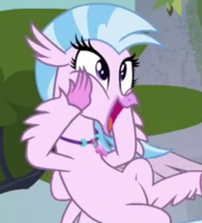 Size: 552x609 | Tagged: safe, derpibooru import, screencap, silverstream, classical hippogriff, hippogriff, school daze, cropped, cute, diastreamies, excited, jewelry, necklace, open mouth, solo, squishy cheeks