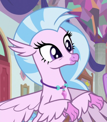 Size: 630x719 | Tagged: safe, derpibooru import, screencap, silverstream, classical hippogriff, hippogriff, school daze, cropped, cute, diastreamies, jewelry, necklace, solo