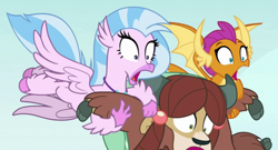 Size: 1350x728 | Tagged: safe, derpibooru import, screencap, silverstream, smolder, yona, classical hippogriff, dragon, hippogriff, yak, school daze, season 8, spoiler:s08, cropped, faic, flying, open mouth, screaming, trio