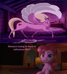 Size: 1816x1992 | Tagged: safe, artist:thegamerpainter, artist:therealdjthed, derpibooru import, edit, edited screencap, screencap, pinkie pie, earth pony, horse, pegasus, pony, 3d, comic, disney, hercules, logo, looking at you, pinkie being pinkie, spoilers for another series, text