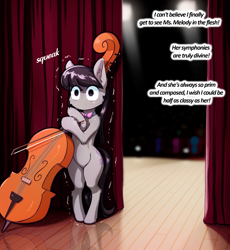 Size: 2053x2230 | Tagged: safe, artist:alcor, derpibooru import, octavia melody, earth pony, pony, anime reference, bipedal, cello, crowd, curvy, female, fluffy, high res, hoof hold, komi can't communicate, komi-san, mare, musical instrument, nervous, no mouth, no nose, shivering, solo focus, stage fright, tavi can't communicate, wide hips