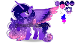 Size: 5680x3264 | Tagged: safe, artist:arctusthegoddess, derpibooru import, oc, oc only, alicorn, pony, alicorn oc, art, bio, blue, colored wings, digital art, drawing, galaxy themed, gradient wings, happy, horn, long hair, ms paint, paint tool sai, pink, pose, princess, purple, reference sheet, simple background, solo, sparkles, stars, transparent background, winged hooves, wings