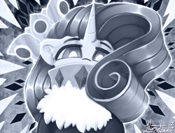 Size: 1132x866 | Tagged: safe, artist:llametsul, derpibooru import, rarity, pony, unicorn, clothes, collar, crown, female, ice queen, jewelry, looking at you, looking down, looking down at you, mare, monochrome, regalia, signature, solo, white pupils