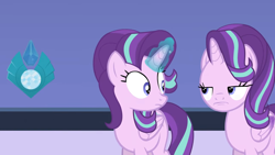 Size: 1436x810 | Tagged: safe, artist:forgalorga, derpibooru import, starlight glimmer, alicorn, pony, alicornified, are you fucking kidding me, crystal, duality, glowing, glowing horn, horn, levitation, looking at each other, looking at someone, magic, meme face, race swap, self paradox, self ponidox, seriously, starlicorn, telekinesis, xk-class end-of-the-world scenario