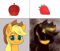 Size: 2337x2001 | Tagged: safe, artist:noupu, derpibooru import, applejack, earth pony, pony, apple, applejack's hat, bust, clothes, cowboy hat, eye clipping through hair, eyebrows, eyebrows visible through hair, female, food, hat, mare, meme, mr. incredible becoming uncanny, ponified, ponified meme, portrait, strawberry