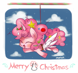 Size: 1269x1196 | Tagged: safe, alternate version, artist:maren, derpibooru import, pinkie pie, earth pony, pony, alicorn party, christmas, cute, diapinkes, fake horn, fake wings, female, flying, holiday, merry christmas, partycorn, solo