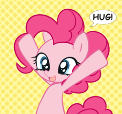 Size: 1210x1134 | Tagged: safe, alternate version, artist:maren, derpibooru import, pinkie pie, earth pony, pony, arms in the air, arms wide open, bust, cute, diapinkes, female, hug request, open mouth, open smile, smiling, solo, speech bubble