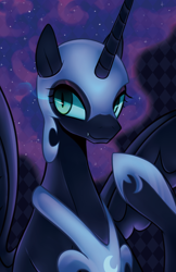 Size: 756x1169 | Tagged: safe, alternate version, artist:maren, derpibooru import, nightmare moon, alicorn, pony, bust, fangs, female, looking at you, mare, pointing at self, raised hoof, raised leg, solo