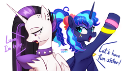 Size: 4346x2541 | Tagged: safe, alternate version, artist:maren, derpibooru import, princess celestia, princess luna, alicorn, pony, between dark and dawn, 80s princess luna, alternate hairstyle, collar, dialogue, duo, emo, emolestia, female, goth, high res, punklestia, simple background, spiked collar, white background