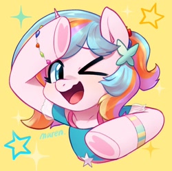 Size: 2048x2037 | Tagged: safe, artist:maren, derpibooru import, oc, oc only, oc:oofy colorful, pony, unicorn, bust, clothes, female, heart, heart hoof, high res, horn, needy girl overdose, one eye closed, open mouth, simple background, solo, underhoof, unicorn oc