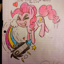 Size: 2048x2048 | Tagged: safe, artist:gobrosstar, derpibooru import, pinkie pie, earth pony, pony, chainsaw, eyes closed, lined paper, photo, rainbow, solo, traditional art