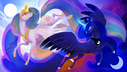 Size: 3840x2160 | Tagged: safe, artist:bluefeathercat, derpibooru import, princess celestia, princess luna, alicorn, pony, crescent moon, female, flying, glowing, glowing horn, horn, jewelry, mare, moon, regalia, royal sisters, siblings, sisters, sun