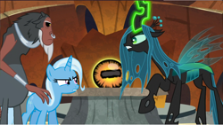 Size: 1326x750 | Tagged: safe, artist:swiftgaiathebrony, derpibooru import, lord tirek, queen chrysalis, trixie, the beginning of the end, alternate universe, crystal ball, evil lair, grogar's lair, grogar's orb, lair, trio
