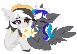 Size: 2210x1556 | Tagged: safe, artist:sunnlich, derpibooru import, oc, oc only, oc:flaming dune, oc:storm cloud river's, pegasus, pony, blushing, bouquet, bust, cute, duo, duo female, ear fluff, ears, eyes closed, female, flower, freckles, happy, heterochromia, looking at each other, looking at someone, mare, multicolored mane, oc x oc, pegasus oc, shipping, simple background, smiling, smiling at each other, spread wings, white background, wings