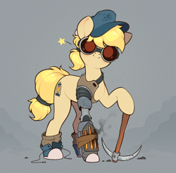 Size: 1092x1073 | Tagged: safe, artist:rexyseven, derpibooru import, oc, oc only, oc:drillie stones, earth pony, pony, amputee, boots, cap, converse, female, goggles, hat, looking at you, mare, pickaxe, prosthetic limb, prosthetics, shoes, smiling, solo