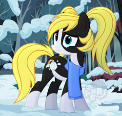 Size: 1280x1219 | Tagged: safe, artist:emperor-anri, derpibooru import, oc, oc only, earth pony, pony, clothes, coat markings, earth pony oc, female, mare, outdoors, scarf, snow, socks (coat marking), solo, worried