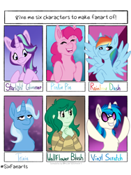 Size: 768x1024 | Tagged: safe, artist:yaboygene, derpibooru import, dj pon-3, pinkie pie, rainbow dash, starlight glimmer, trixie, vinyl scratch, wallflower blush, multiple characters, simple background, six fanarts