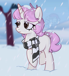 Size: 1280x1408 | Tagged: safe, artist:emperor-anri, derpibooru import, oc, oc only, pony, unicorn, clothes, female, horn, mare, outdoors, raised hoof, raised leg, scarf, snow, snowfall, solo, striped scarf, unicorn oc