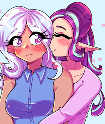 Size: 640x760 | Tagged: safe, artist:ashes-arts, derpibooru import, starlight glimmer, trixie, human, blushing, elf ears, eyes closed, female, hug, humanized, lesbian, shipping, smiling, startrix, wavy mouth