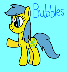 Size: 817x887 | Tagged: safe, artist:brobbol, derpibooru import, bubbles (g1), earth pony, pony, g1, g4, 1000 hours in ms paint, adorabubbles, blue background, coat markings, cute, cyan background, facial markings, female, g1 to g4, generation leap, mare, ms paint, paint.net, raised arm, raised leg, simple background, smiling, solo, star (coat marking)