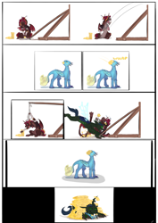 Size: 3590x5076 | Tagged: safe, artist:testostepone, derpibooru import, oc, oc:alsephina, oc:fortuna, oc:t'zzet, changeling, draconequus, griffon, cheese, comic, food, trebuchet