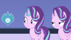 Size: 1432x808 | Tagged: safe, artist:forgalorga, derpibooru import, starlight glimmer, alicorn, pony, :i, alicornified, are you fucking kidding me, crystal, duality, glowing, glowing horn, horn, levitation, magic, meme face, race swap, self paradox, self ponidox, starlicorn, telekinesis, xk-class end-of-the-world scenario