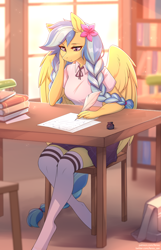 Size: 1934x3002 | Tagged: safe, alternate version, artist:fensu-san, derpibooru import, oc, oc only, oc:jeppesen, anthro, pegasus, unguligrade anthro, bag, beautiful, book, bookshelf, bowtie, braid, braided tail, breasts, briefcase, chair, clothes, commission, crepuscular rays, cute, desk, female, flower, flower in hair, indoors, ink, inkwell, kneesocks, lamp, legs, library, lidded eyes, lined paper, long hair, long tail, mare, plaid skirt, pleated skirt, quill, quill pen, reasonably sized breasts, scenery, school bag, school uniform, schoolgirl, shirt, sitting, skirt, smiling, socks, solo, spread wings, stockings, striped socks, studying, tail, thigh highs, twin braids, uniform, white socks, window, wing fluff, wings, writing, zettai ryouiki