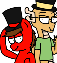 Size: 1275x1414 | Tagged: safe, artist:professorventurer, derpibooru import, oc, oc:myoozik the dragon, dragon, duo, duo male, hat, male, peace sign, requested art, top hat