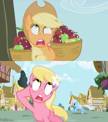 Size: 500x562 | Tagged: safe, derpibooru import, edit, edited screencap, screencap, applejack, lily, lily valley, earth pony, pony, applebuck season, season 1, comparison, faic, faint, female, mare, silly, silly pony, who's a silly pony