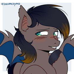 Size: 1400x1400 | Tagged: safe, artist:lonesomecryptid, derpibooru import, oc, oc:black night, bat pony, pony, bat pony oc, bat wings, bust, fangs, portrait, simple background, solo, wings