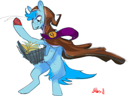 Size: 2362x1778 | Tagged: safe, artist:alumx, derpibooru import, oc, oc only, earth pony, pony, bipedal, book, cloak, clothes, signature, simple background, solo, sweat, transparent background, underhoof