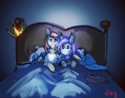 Size: 1629x1285 | Tagged: safe, artist:alumx, derpibooru import, oc, oc only, pegasus, pony, bed, cigarette, crown, duo, duo male and female, female, in bed, jewelry, looking at you, male, mare, oc x oc, regalia, shipping, signature, smoking, stallion