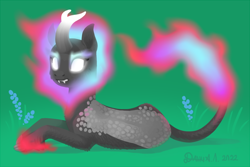 Size: 800x533 | Tagged: safe, artist:dany-the-hell-fox, derpibooru import, autumn blaze, kirin, nirik, flower, foal's breath, glowing, glowing eyes, green background, lying down, simple background, solo