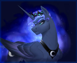 Size: 1280x1044 | Tagged: safe, artist:copshop, derpibooru import, prince artemis, princess luna, alicorn, pony, crown, eyebrows, eyebrows visible through hair, folded wings, frown, jewelry, male, regalia, rule 63, solo, stallion, wings