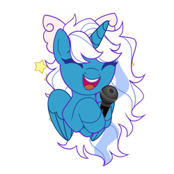 Size: 894x894 | Tagged: safe, artist:spotenyx, derpibooru import, oc, oc:fleurbelle, alicorn, alicorn oc, bow, eyes closed, female, hair bow, hair over one eye, horn, mare, microphone, simple background, singing, stars, transparent background, wings