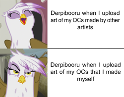 Size: 1503x1180 | Tagged: safe, derpibooru import, edit, edited screencap, screencap, gilda, griffon, the lost treasure of griffonstone, angry, derpibooru, happy, juxtaposition, meme, meta, text, truth