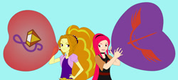 Size: 1280x579 | Tagged: safe, artist:hakdurbin, derpibooru import, adagio dazzle, oc, human, balloon, blowing up balloons, cutie mark, heart, heart balloon, inflating, simple background