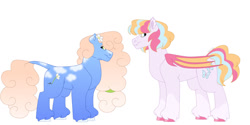 Size: 1280x640 | Tagged: safe, artist:itstechtock, derpibooru import, oc, oc only, oc:butterfly kisses, oc:yesterdaisy, bat pony, earth pony, pony, female, magical lesbian spawn, mare, offspring, parent:junebug, parent:minuette, parents:minubug, simple background, white background