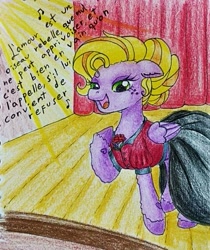 Size: 814x970 | Tagged: safe, artist:mintytreble, derpibooru import, oc, oc only, oc:minty treble, pegasus, pony, blonde, blonde hair, blonde mane, clothes, female, opera, singing, solo, theater, traditional art