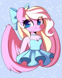 Size: 1638x2048 | Tagged: safe, artist:sakukitty, derpibooru import, oc, oc only, oc:bay breeze, anthro, pegasus, abstract background, bow, breasts, choker, cleavage, clothes, commission, cute, dress, eye clipping through hair, female, hair bow, looking at you, simple background, solo, wings, ych result